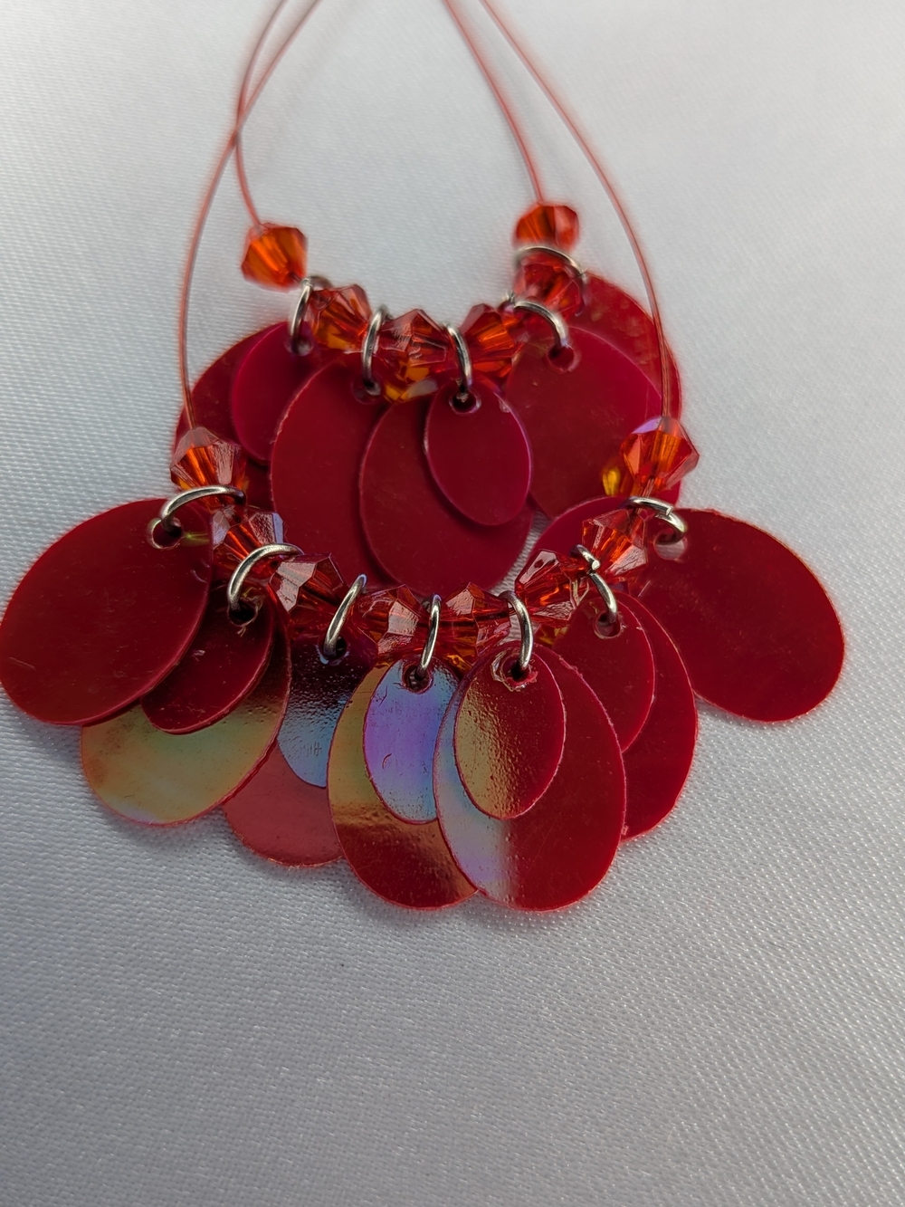 Red Iridescent Paillette Sequin Chandelier Drop Earrings Lightweight